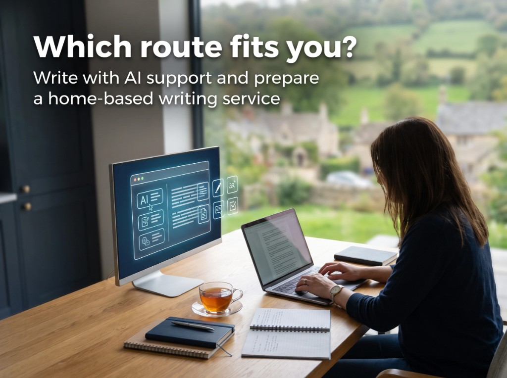 Working from home with AI writing tools overlooking the British countryside